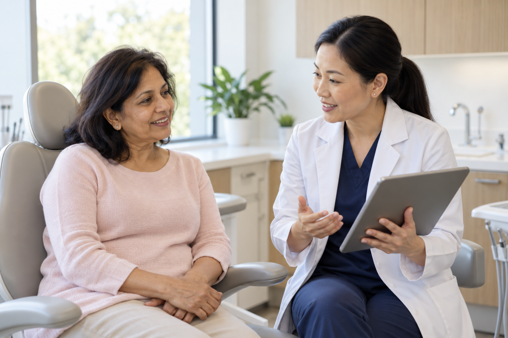 a middle-aged woman speaks to her orthodontist about clear aligners.