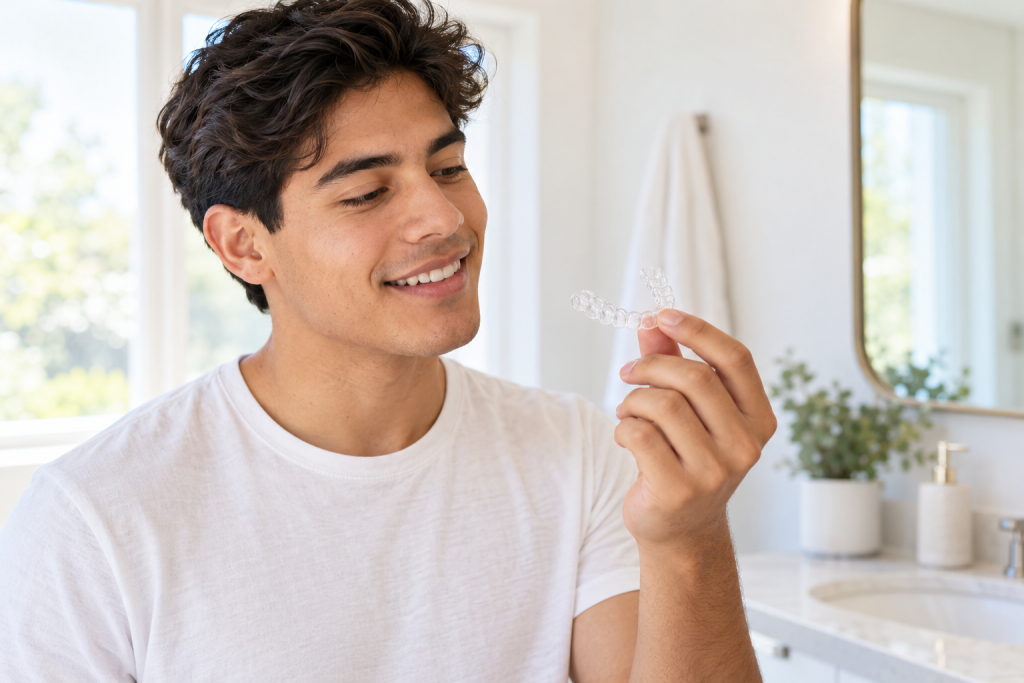 a young man examines his clear aligners